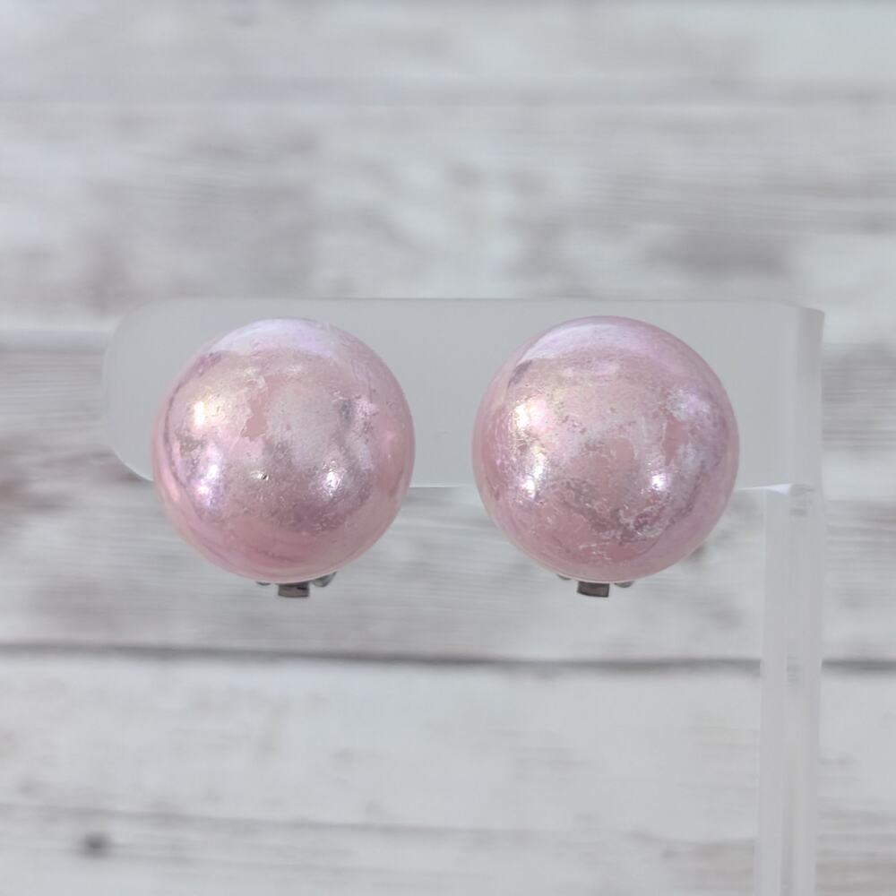 Vintage Clip On Earrings Pearlescent Pink Domed Retro - Condition Issues
